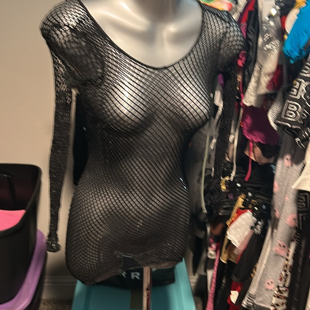 Black fishnet, long sleeve dress